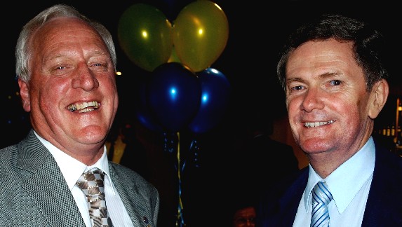 Old school buddies: President elect Kevin Freund with guest speaker Mike Bailey